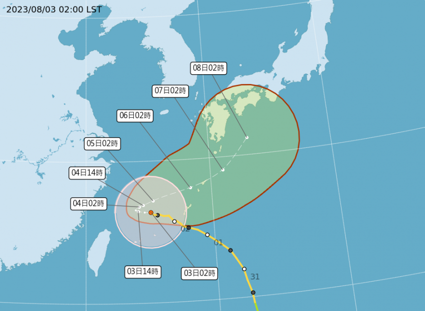 卡努暴風圈下午觸陸風雨恐增強!4縣市有望連放2天颱風假?氣象局解答了 卡努路徑。(圖/翻攝氣象局) 卡努暴風圈將觸陸!4縣市有望連2天颱風假?氣象局解答了