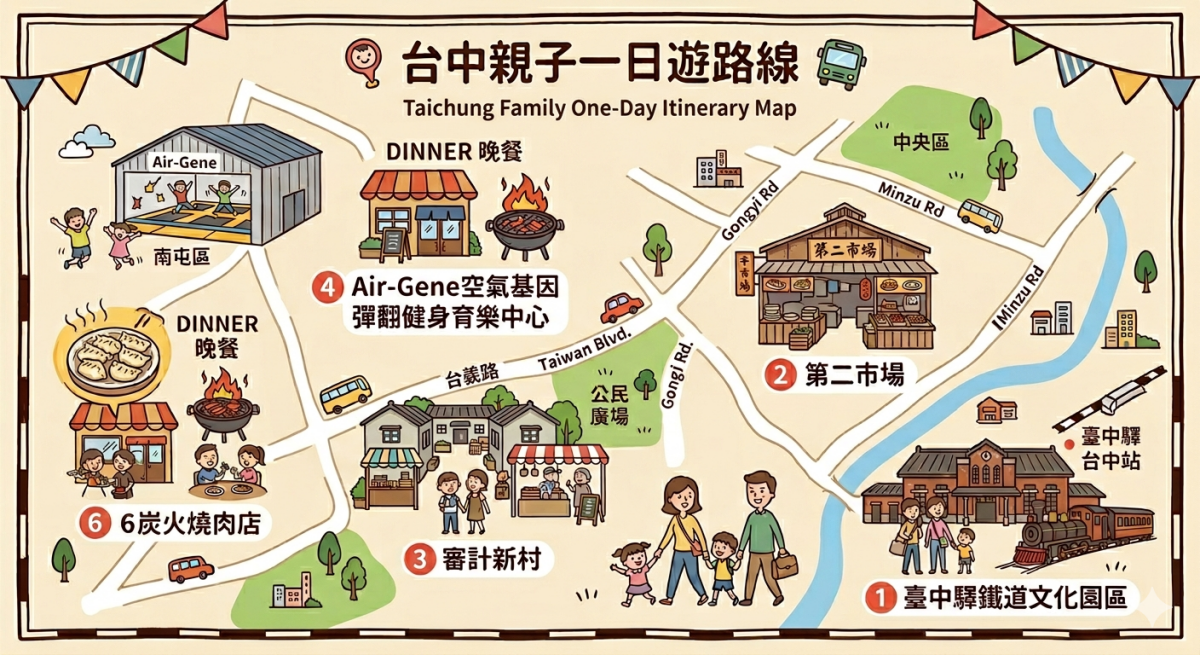 台中親子一日遊怎麼玩？百年古早味肉圓、創意文青餐廳、彈翻床放電一次排